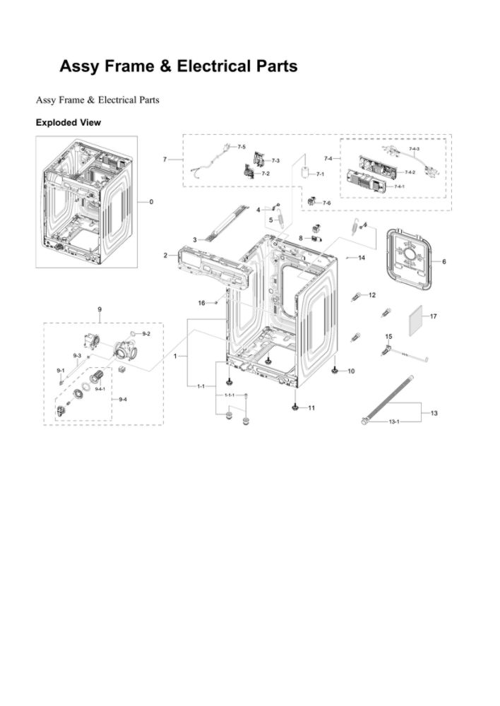 Frame And Electrical Parts Assembly Diagram and Parts List for WF45B6300AP US-00 Samsung Washer