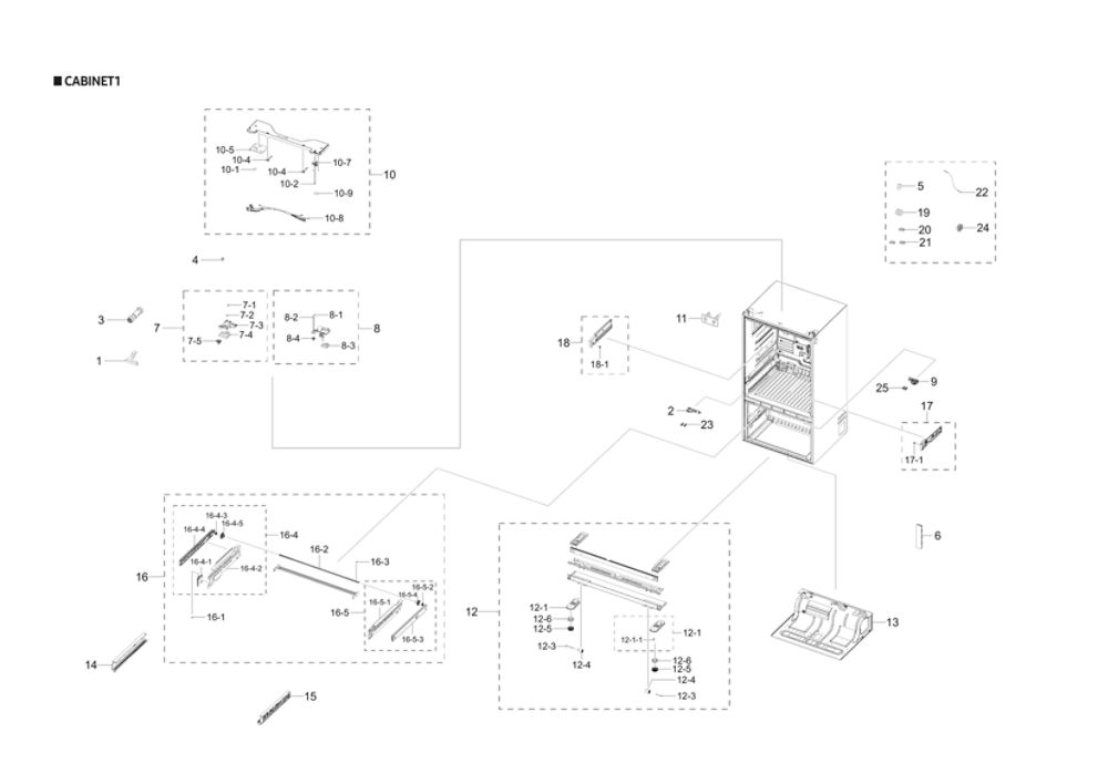 Cabinet 1 Diagram and Parts List for RF28R6201DT AA-00 Samsung Refrigerator