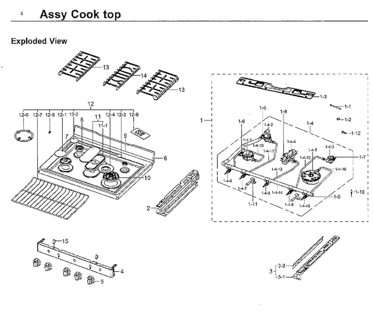 Cooktop Diagram and Parts List for NX58J7750SS AA-0001 Samsung Range