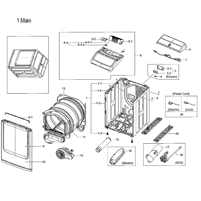 Main Assembly Diagram and Parts List for DVG54M8750W A3-00 Samsung Dryer