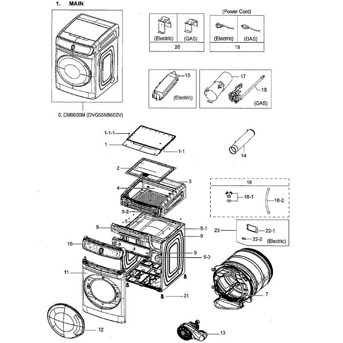 Main Assembly Diagram and Parts List for DVG55M9600V A3-00 Samsung Dryer