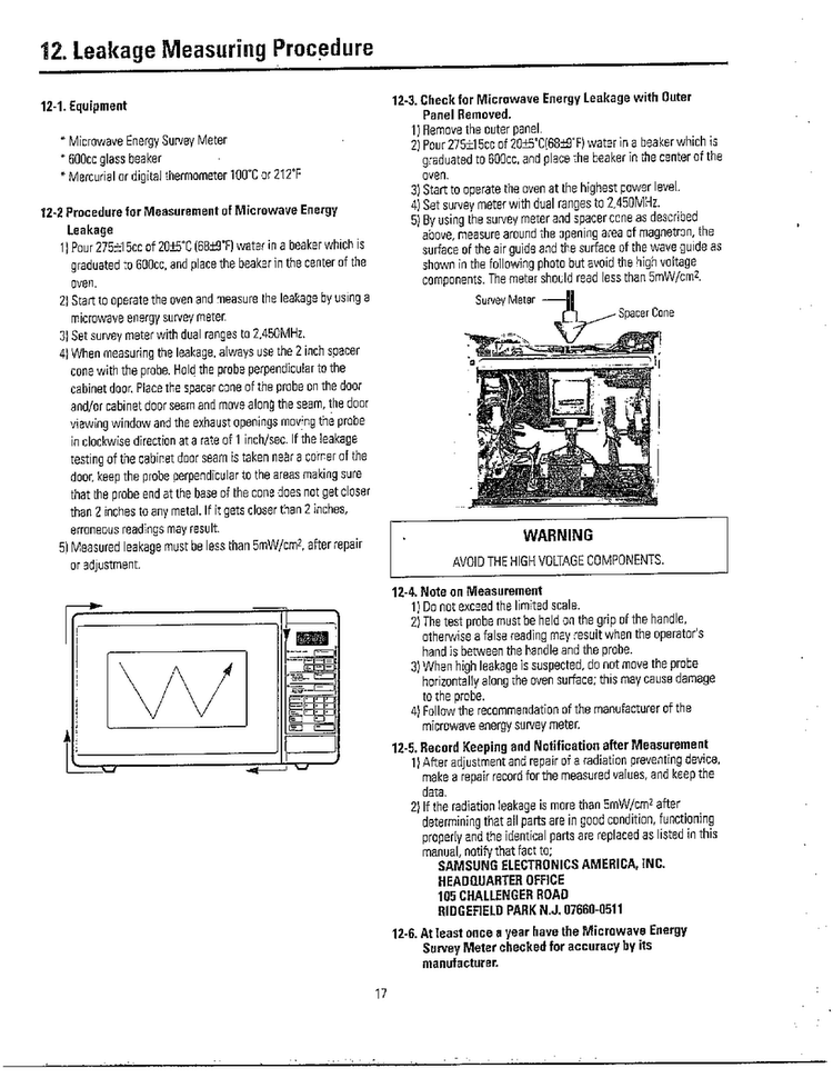 Leakage Measuring Procedure Diagram and Parts List for MW5330T XAA Samsung Microwave
