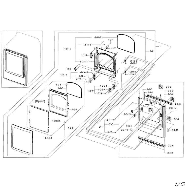 Frame Front & Door Diagram and Parts List for DV50F9A8EVW A2-0000 Samsung Dryer