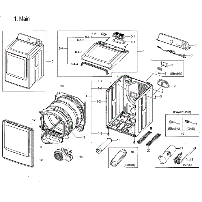 Main Assembly Diagram and Parts List for DVG50M7450W A3-00 Samsung Dryer