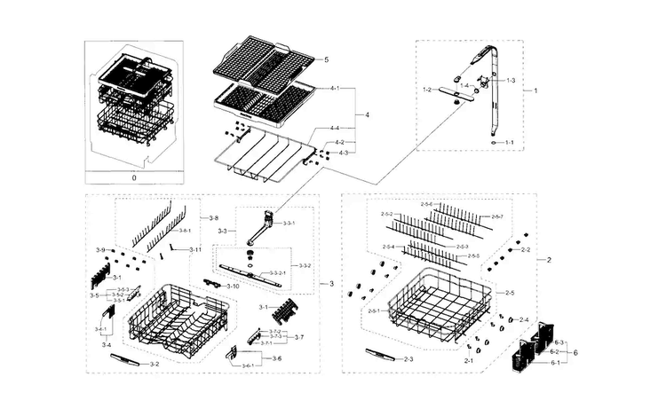 Basket & Duct Diagram and Parts List for DW80J9945US AA-0000 Samsung Dishwasher