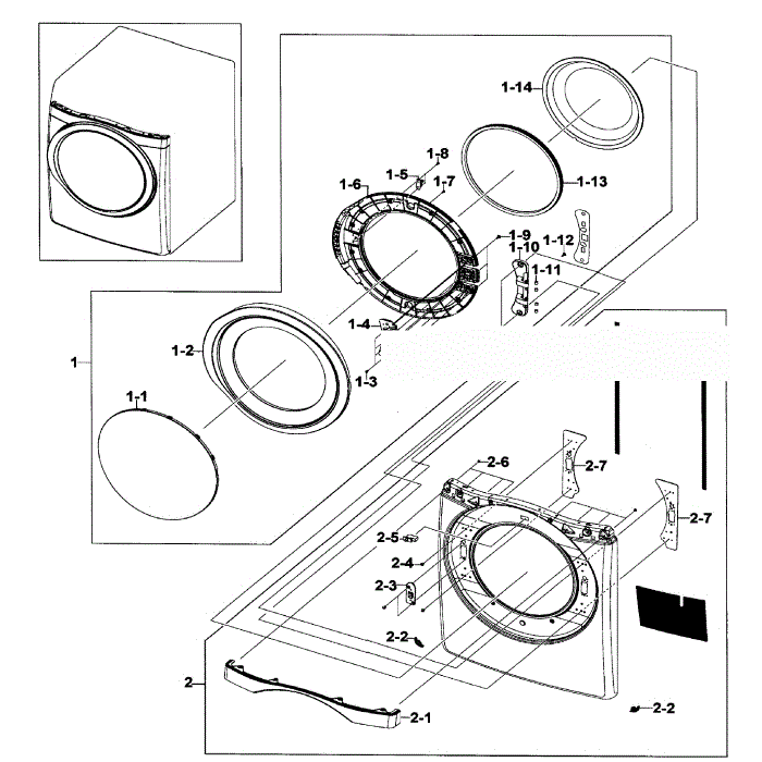 Front / Door Assembly Diagram and Parts List for DV520AEP XAA-00 Samsung Dryer