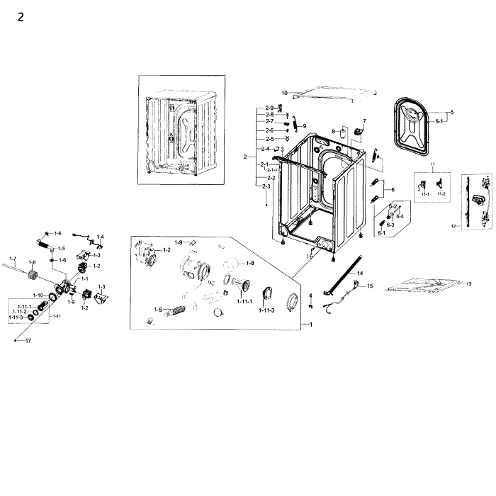 Frame And Cover Diagram and Parts List for WW22K6800AW A2-00 Samsung Washer