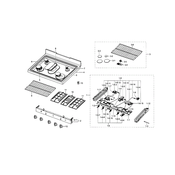 Cooktop Diagram and Parts List for NX583G0VBWW AA-01 Samsung Range