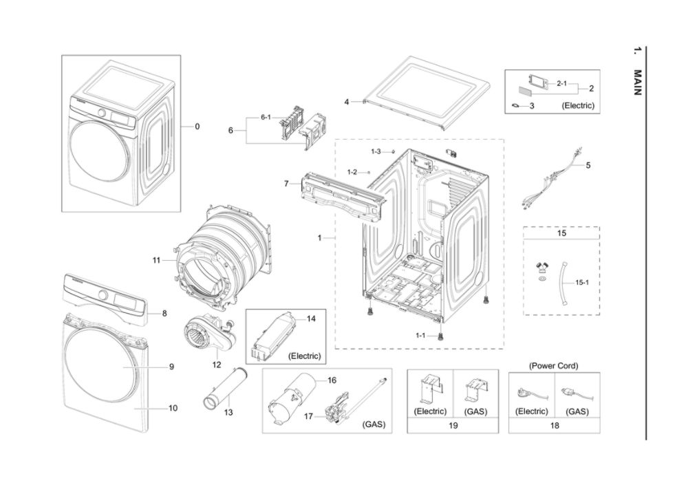 Main Assembly Diagram and Parts List for DVE45R6100V A3-00 Samsung Dryer
