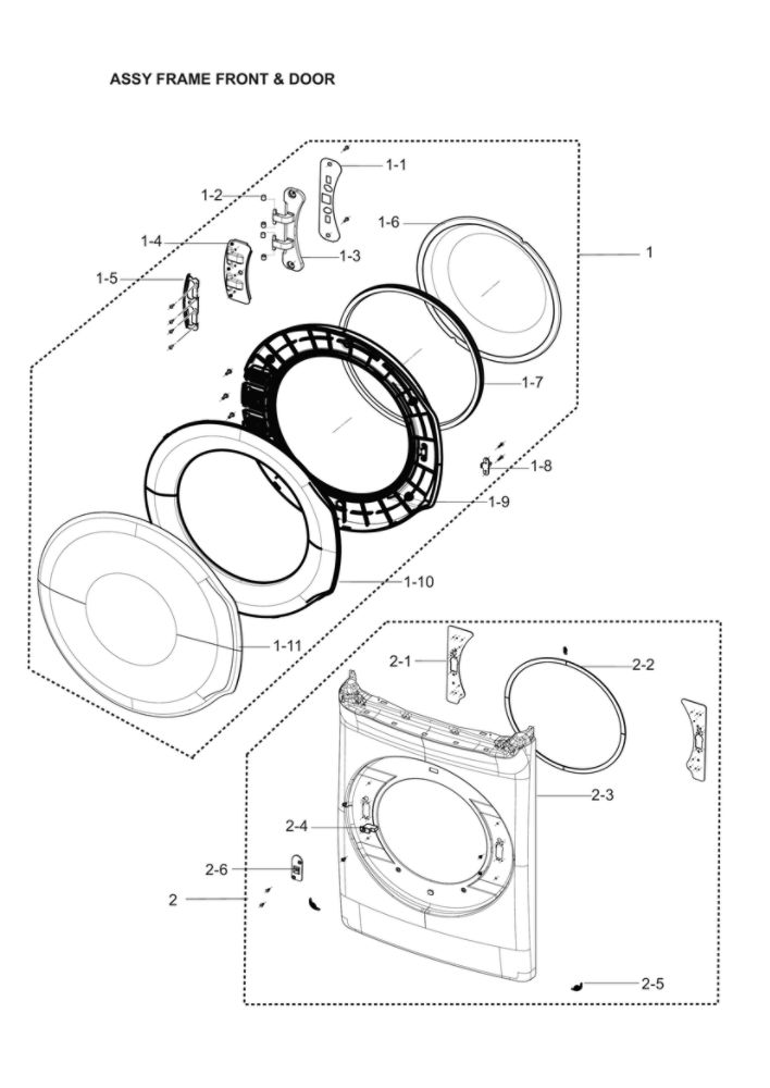 Front Frame And Door Assembly Diagram and Parts List for DVG60M9900V A3-02 Samsung Dryer