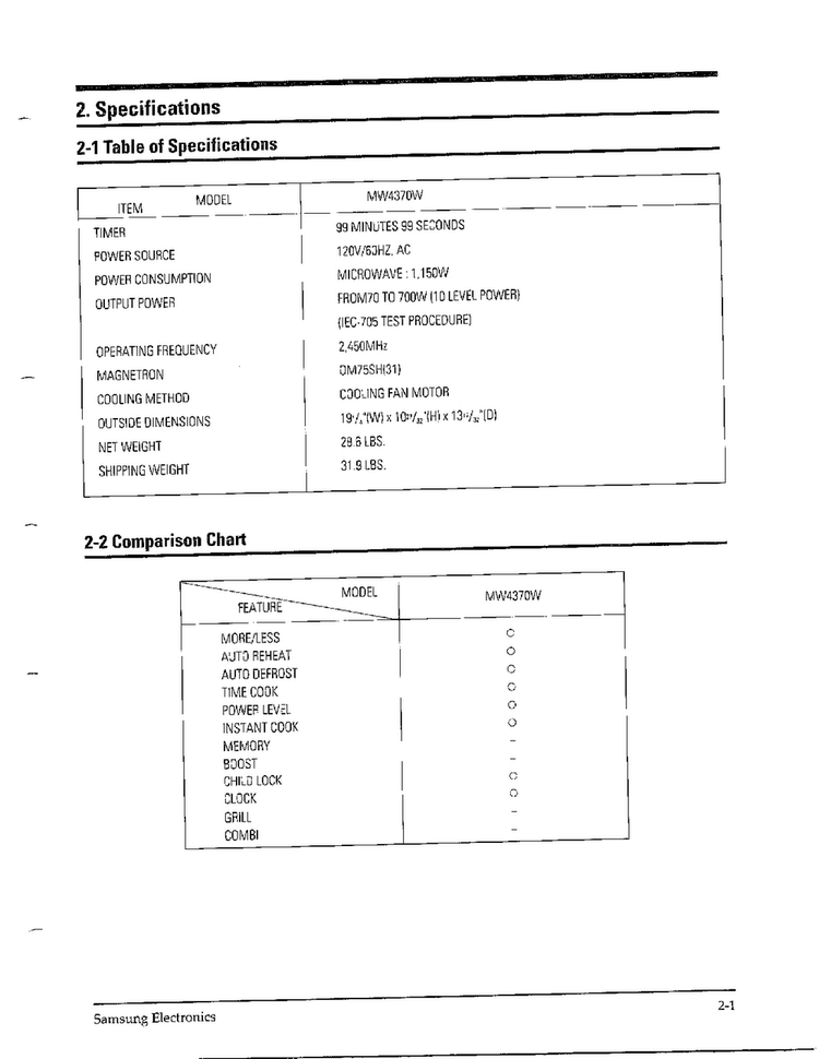 Specifications/comparison Chart Diagram and Parts List for MW4371G XAA Samsung Microwave