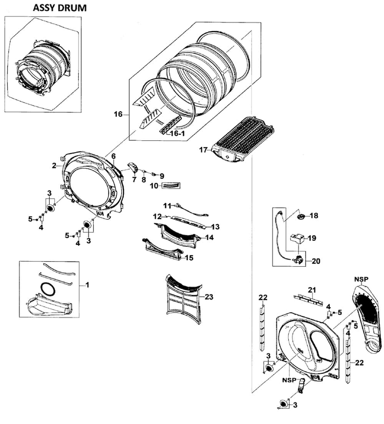 Drum Assy Diagram and Parts List for DV520AEW XAA-0000 Samsung Dryer
