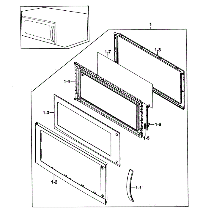Door Assembly Diagram and Parts List for SMH9151WE XAA-00 Samsung Microwave Oven Combo