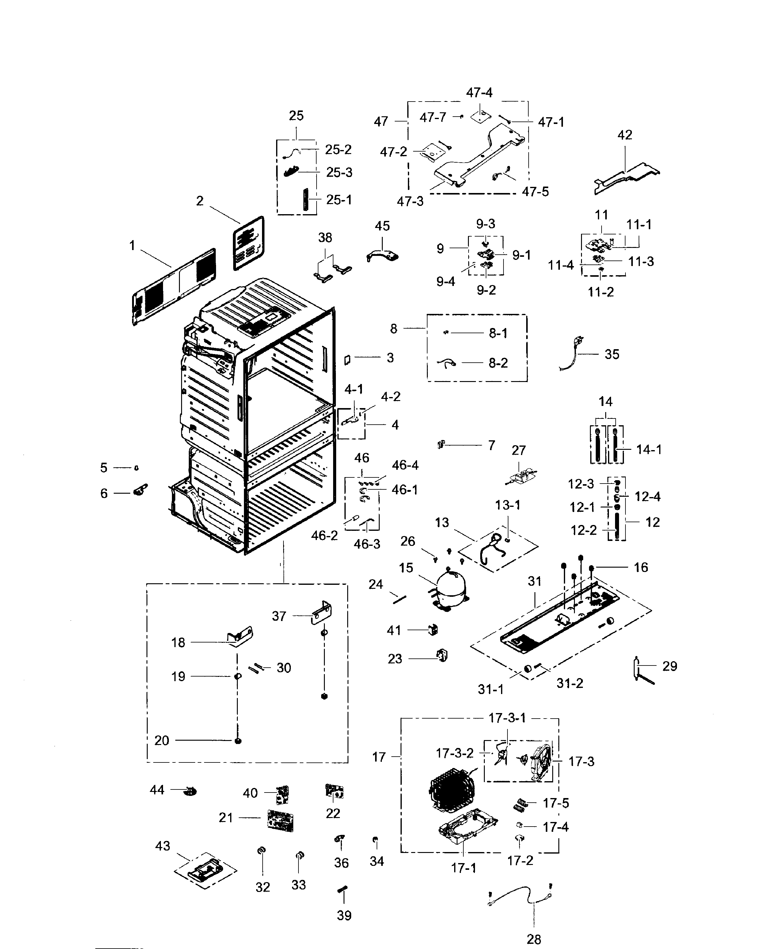Cabinet Diagram and Parts List for RF28JBEDBSG AA-0001 Samsung Refrigerator