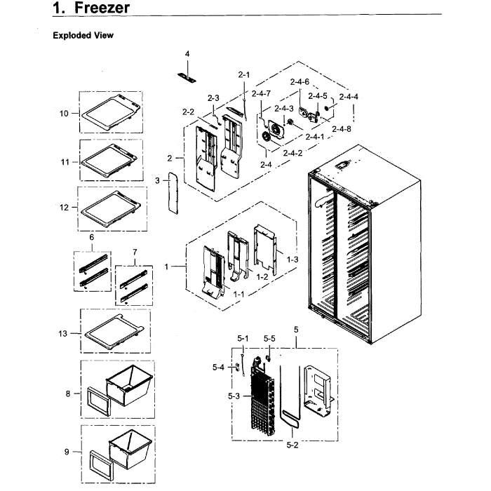 Freezer Diagram and Parts List for RS25H5121SR AA-01 Samsung Refrigerator