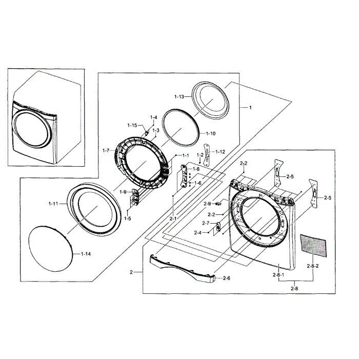 Front And Door Diagram and Parts List for DV511AGW XAA-03 Samsung Dryer