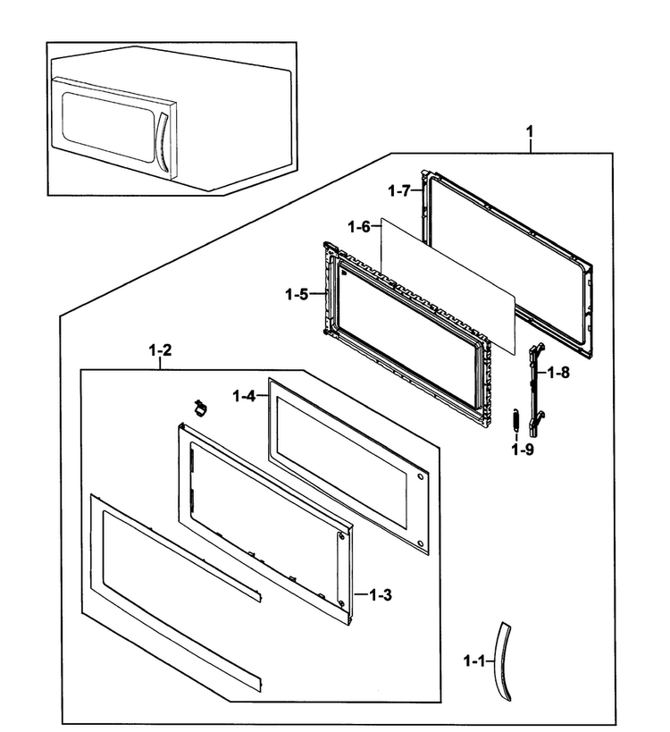 Door Assy Diagram and Parts List for SMH8165STE XAA-0001 Samsung Microwave