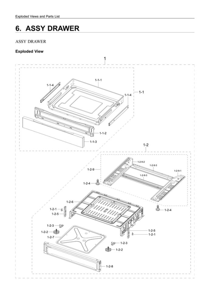 Drawer Assembly Diagram and Parts List for NX60T8311SS AA-03 Samsung Range