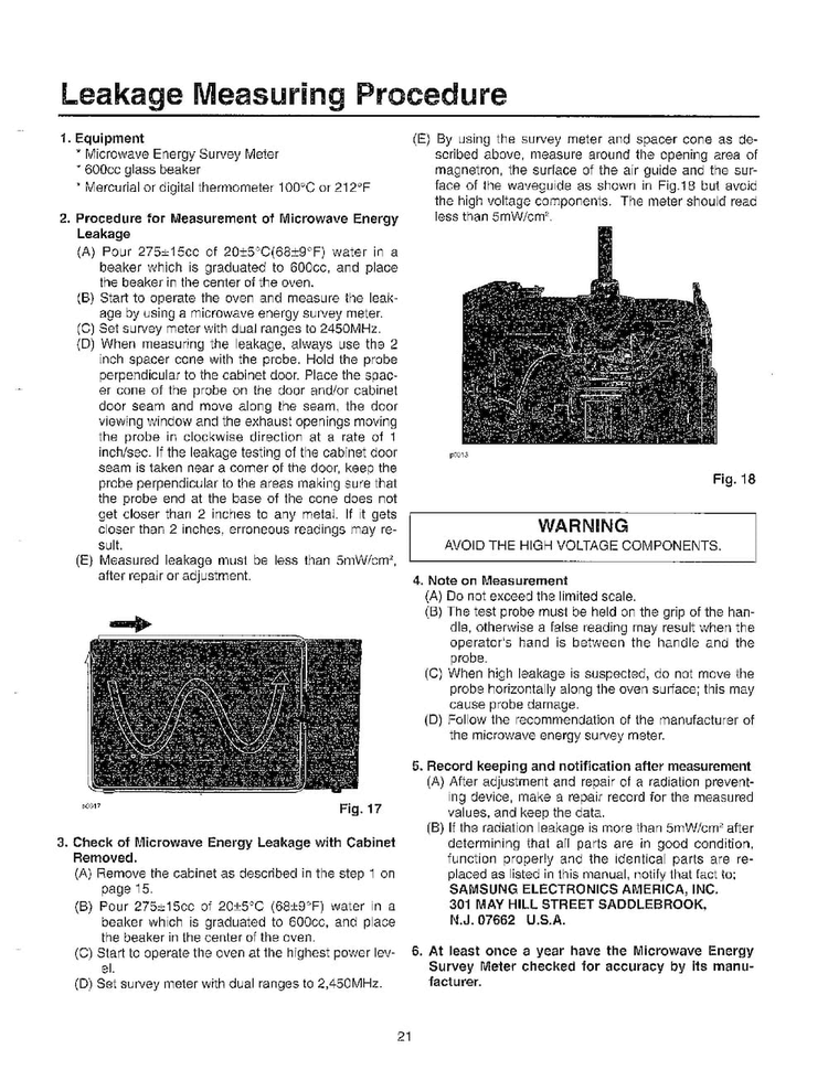 Leakage Measuring Procedure Diagram and Parts List for MW5620T XAA Samsung Microwave