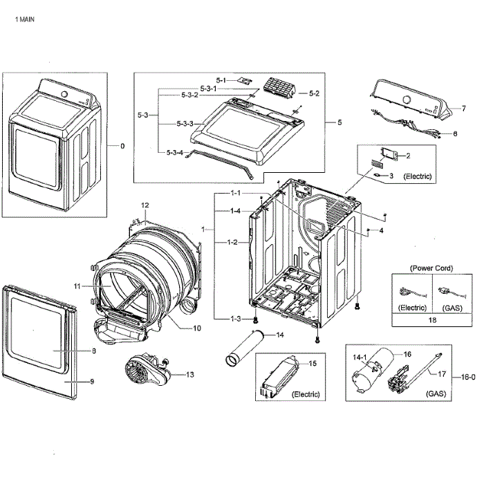 Main Assembly Diagram and Parts List for DV48H7400GW A2-02 Samsung Dryer