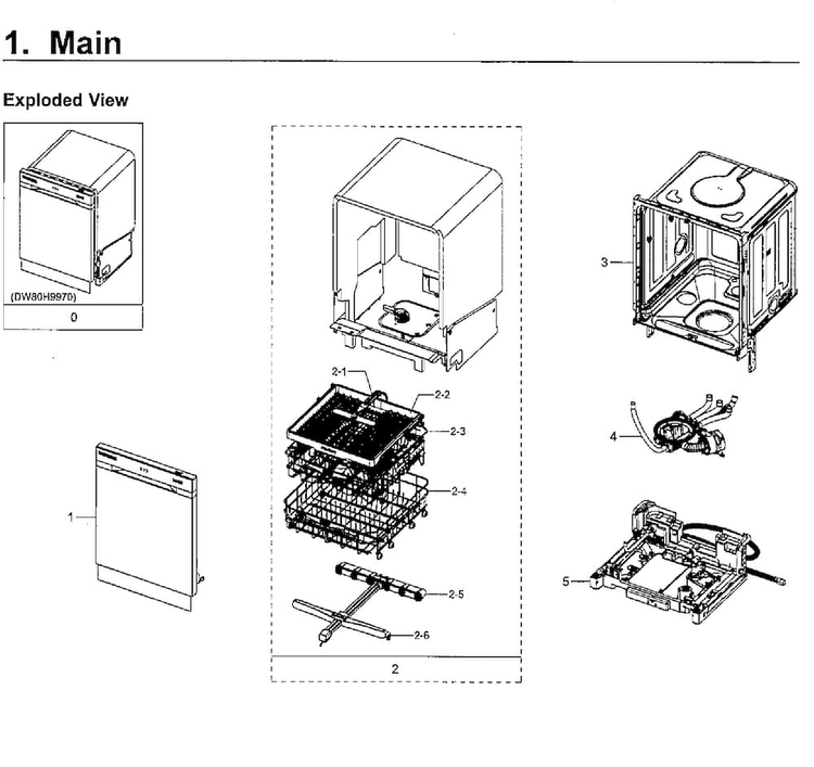 Main Asy Diagram and Parts List for DW80H9970US AA-0002 Samsung Dishwasher