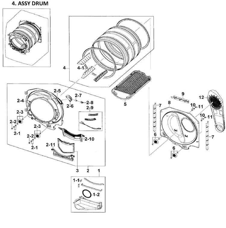 Drum Assy Diagram and Parts List for DV209AEW XAA-0001 Samsung Dryer