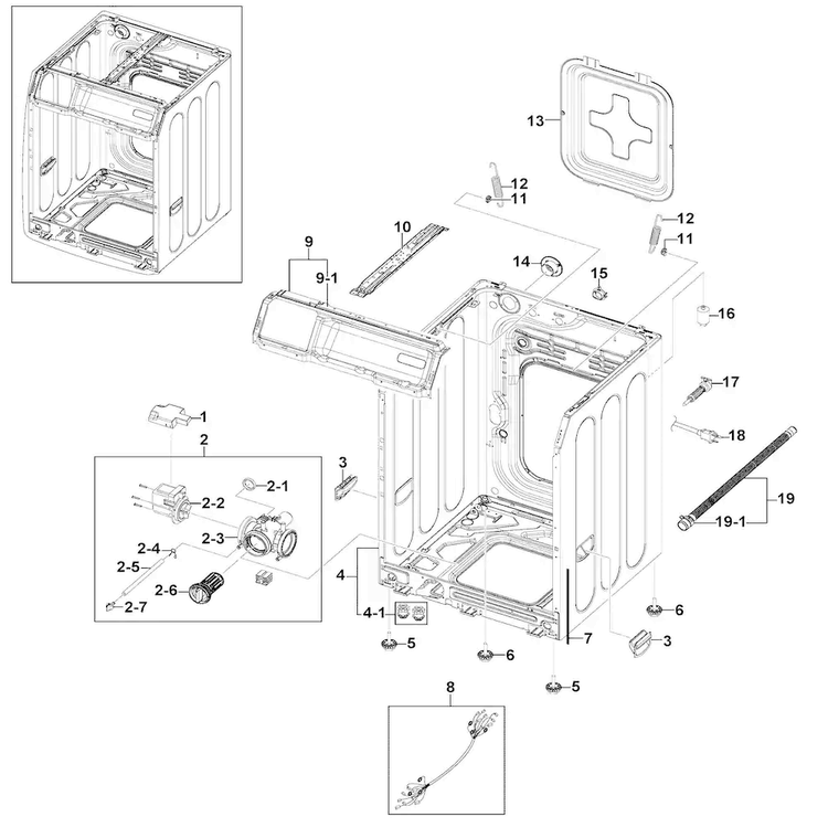 Frame & Cover Parts Diagram and Parts List for WF220ANW XAA-0001 Samsung Washer
