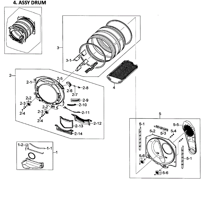 Drum Assembly Diagram and Parts List for DV448AGW XAA-01 Samsung Dryer