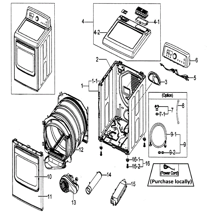 Main Assembly Diagram and Parts List for DV5451AEW XAA-01 Samsung Dryer