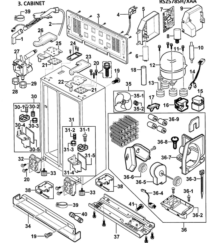 Cabinet Assy Diagram and Parts List for RS2578SH XAA-0000 Samsung Refrigerator