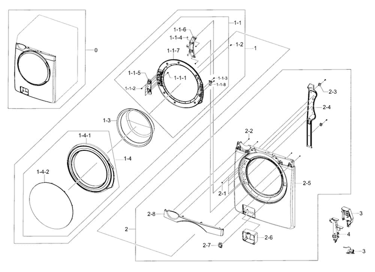 Frame Front & Door Diagram and Parts List for WF395BTPAWR A2-0000 Samsung Washer