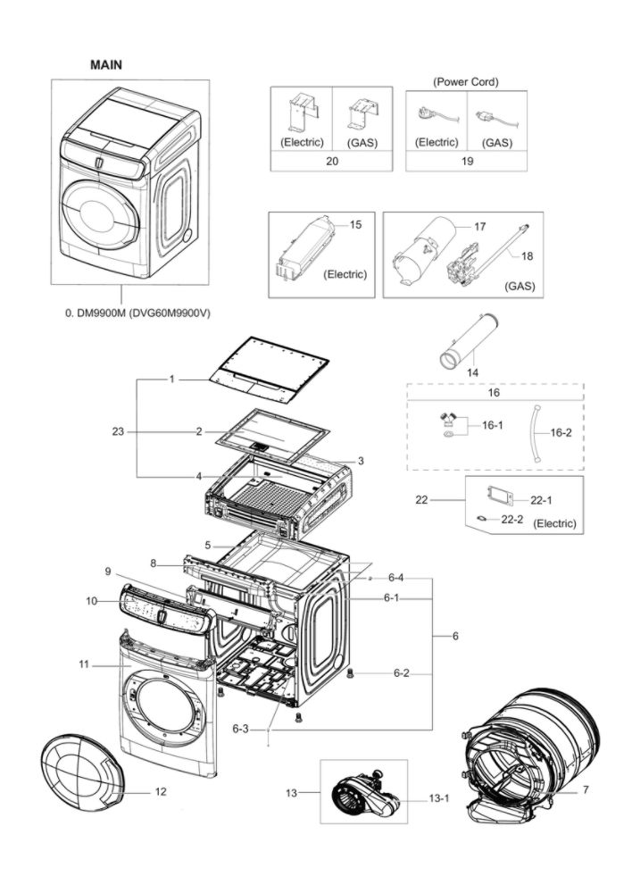 Main Assembly Diagram and Parts List for DVG60M9900V A3-02 Samsung Dryer