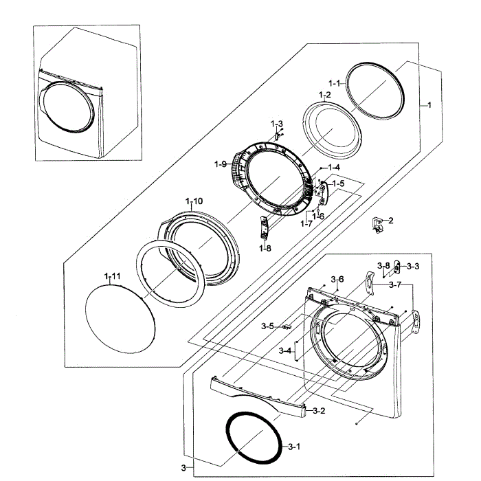 Front / Door Assembly Diagram and Parts List for DV448AGP XAA-01 Samsung Dryer