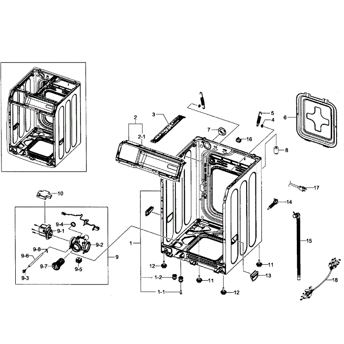Frame Assembly Diagram and Parts List for WF365BTBGWR A1-01 Samsung Washer