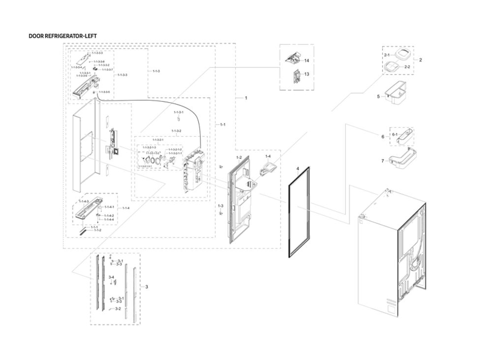 Left Refrigerator Door Parts Diagram and Parts List for RF23R6201SR AA-54 Samsung Refrigerator