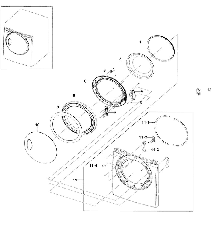 Front/door Assy Diagram and Parts List for DV219AEW XAA-0001 Samsung Dryer