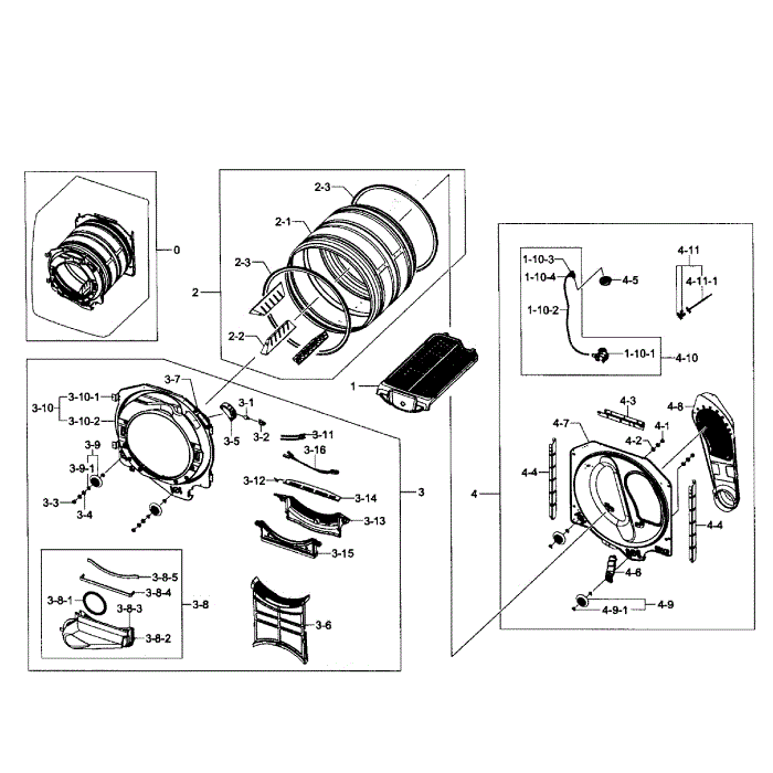 Drum Assembly Diagram and Parts List for DV455EVGSWR AA-00 Samsung Dryer