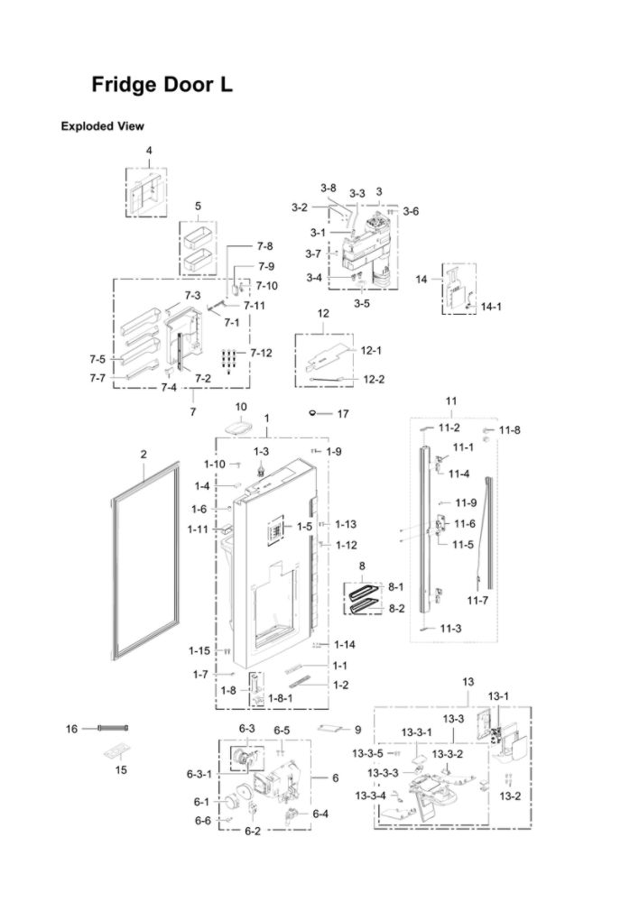 Left Refrigerator Door Parts Diagram and Parts List for RF24J9960S4 AA-05 Samsung Refrigerator