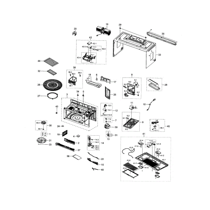 Cavity Assembly Diagram and Parts List for ME21H706MQB AA-00 Samsung Microwave