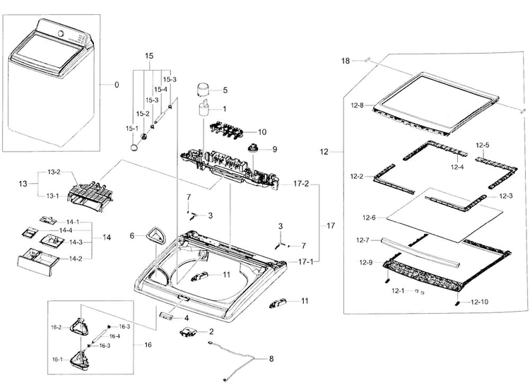 Top Assy Diagram and Parts List for WA45H7200AW A2-0001 Samsung Washer