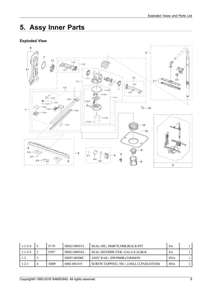 Inner Parts Assembly Diagram and Parts List for DW80R9950UG AA-01 Samsung Dishwasher