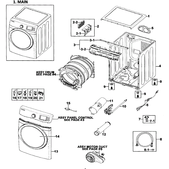 Main Assembly Diagram and Parts List for DV511AGR XAA-00 Samsung Dryer