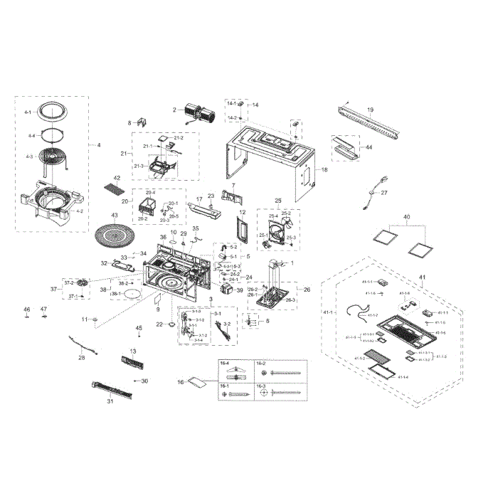 Main Assembly Diagram and Parts List for ME21K7010DG AA-00 Samsung Microwave Oven Combo