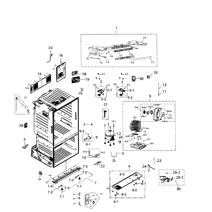 Cabinet Diagram and Parts List for RF221NCTASR AA-01 Samsung Refrigerator