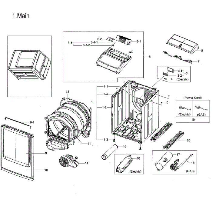 Main Assembly Diagram and Parts List for DVG52M8650V A3-00 Samsung Dryer