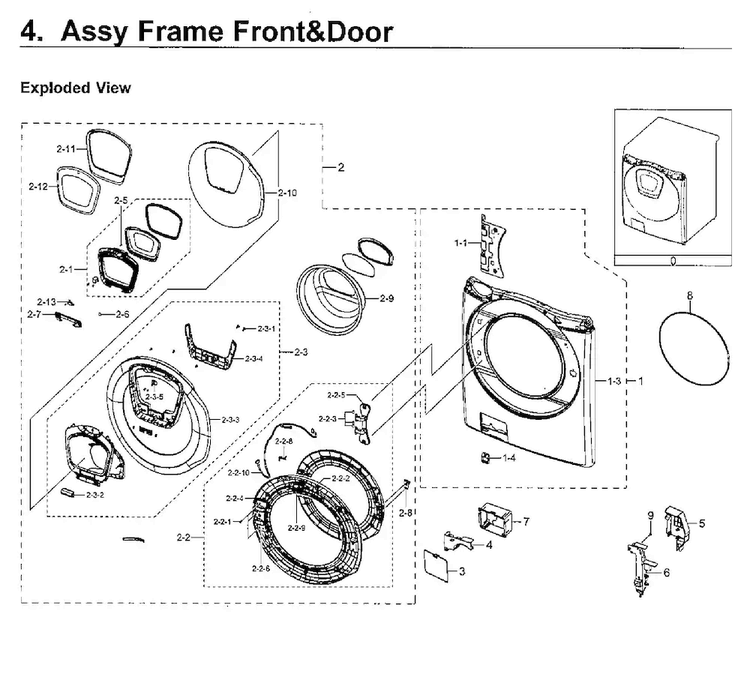 Frame Front & Door Diagram and Parts List for WF50K7500AV A2-0011 Samsung Washer
