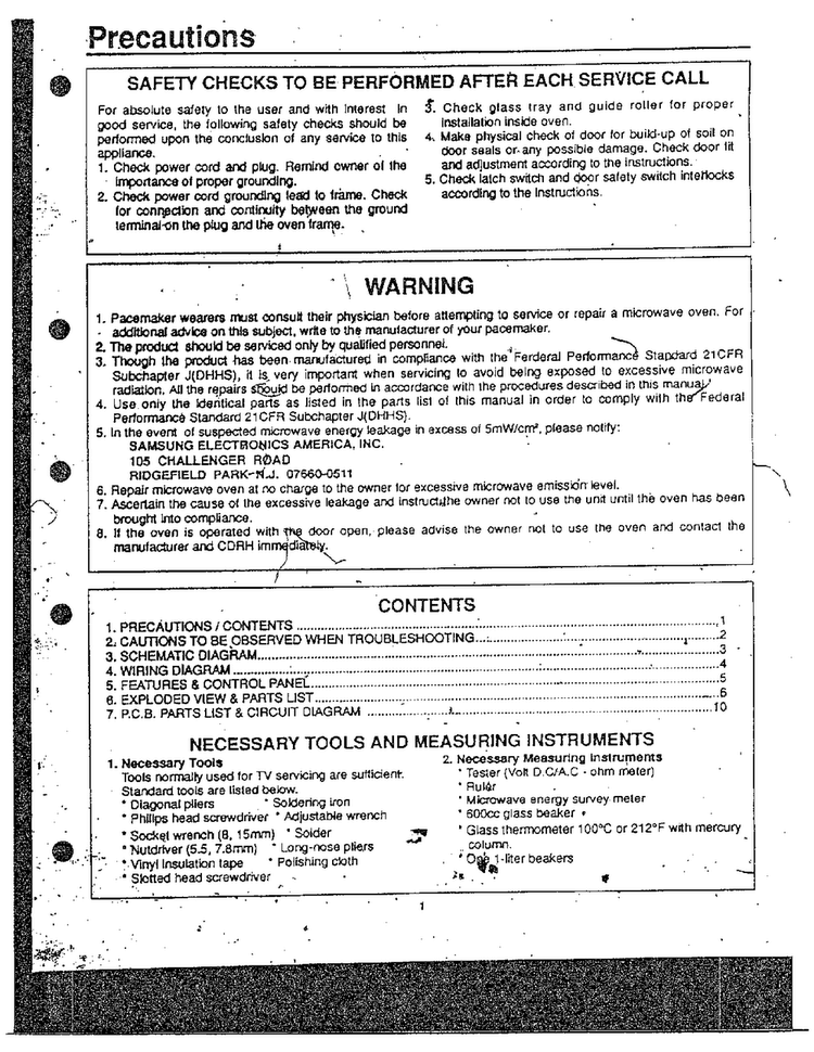 Precaution/warning/contents Diagram and Parts List for MW3530W XAA Samsung Microwave