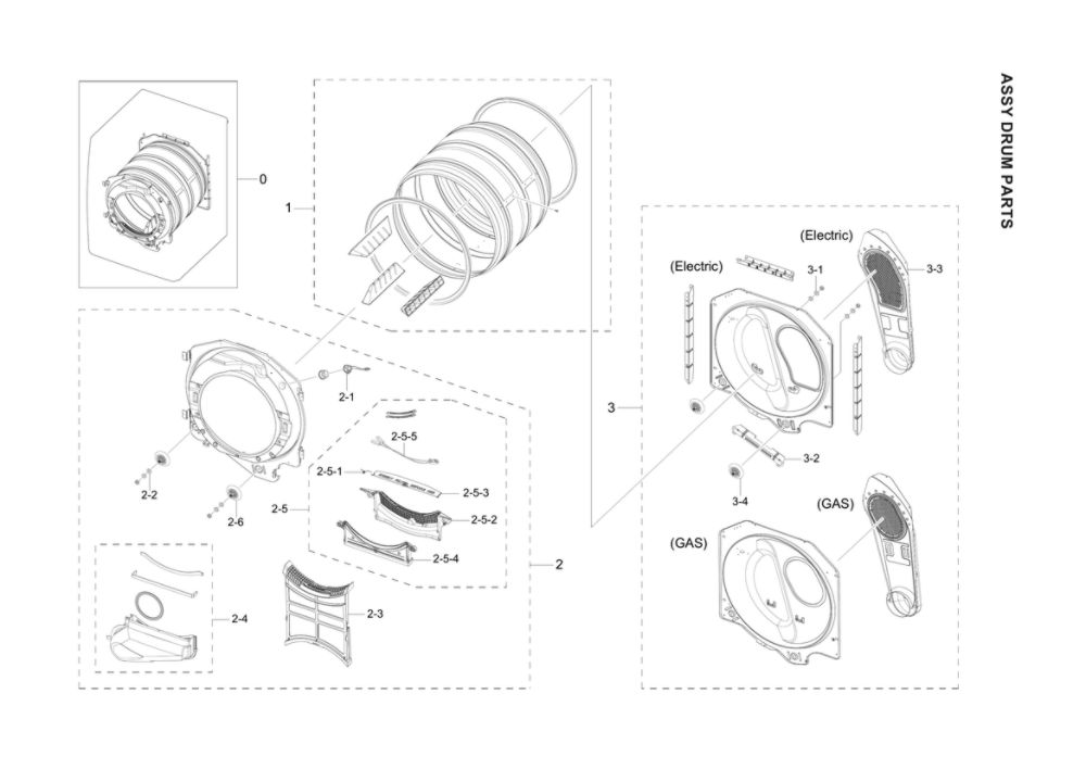 Drum Assembly Diagram and Parts List for DVE45T6200W A3-00 Samsung Dryer