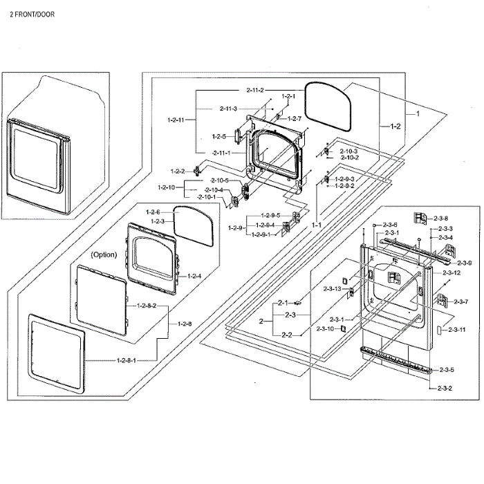 Front / Door Diagram and Parts List for DV48H7400GW A2-01 Samsung Dryer