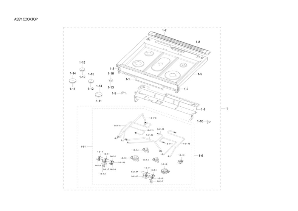Cooktop Assembly Diagram and Parts List for NX60T8111SS AA-00 Samsung Range
